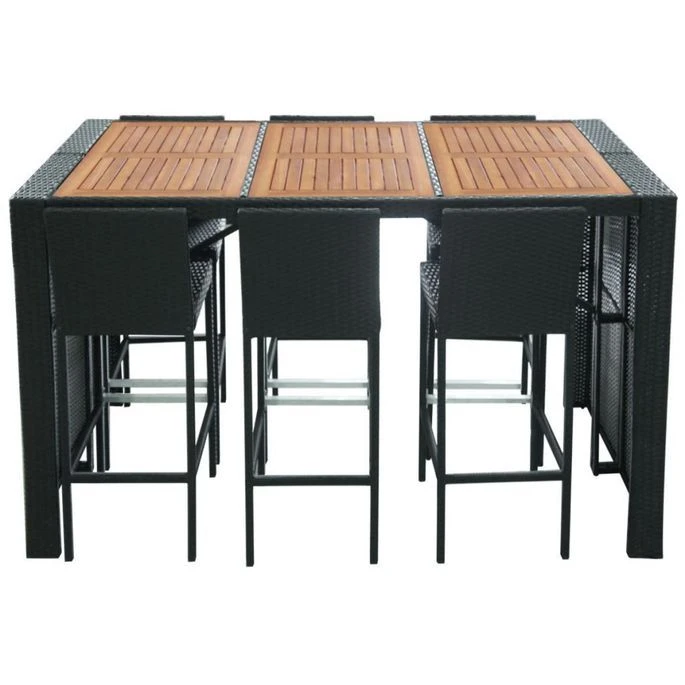 Table De Bar Rectangulaire Et 6 Tabourets De Jardin Résine Tressée Noir Klark – Image 3