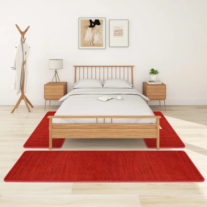 Tapis De Lit Shaggy Poils Longs 3 Pcs Rouge