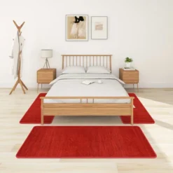 Tapis De Lit Shaggy Poils Longs 3 Pcs Rouge 2