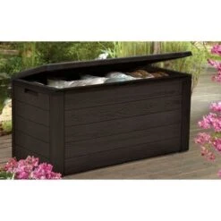 TOOD Malle De Rangement En Résine - 300 L - Marron Aspect Bois - 120 X 46 X 58 Cm